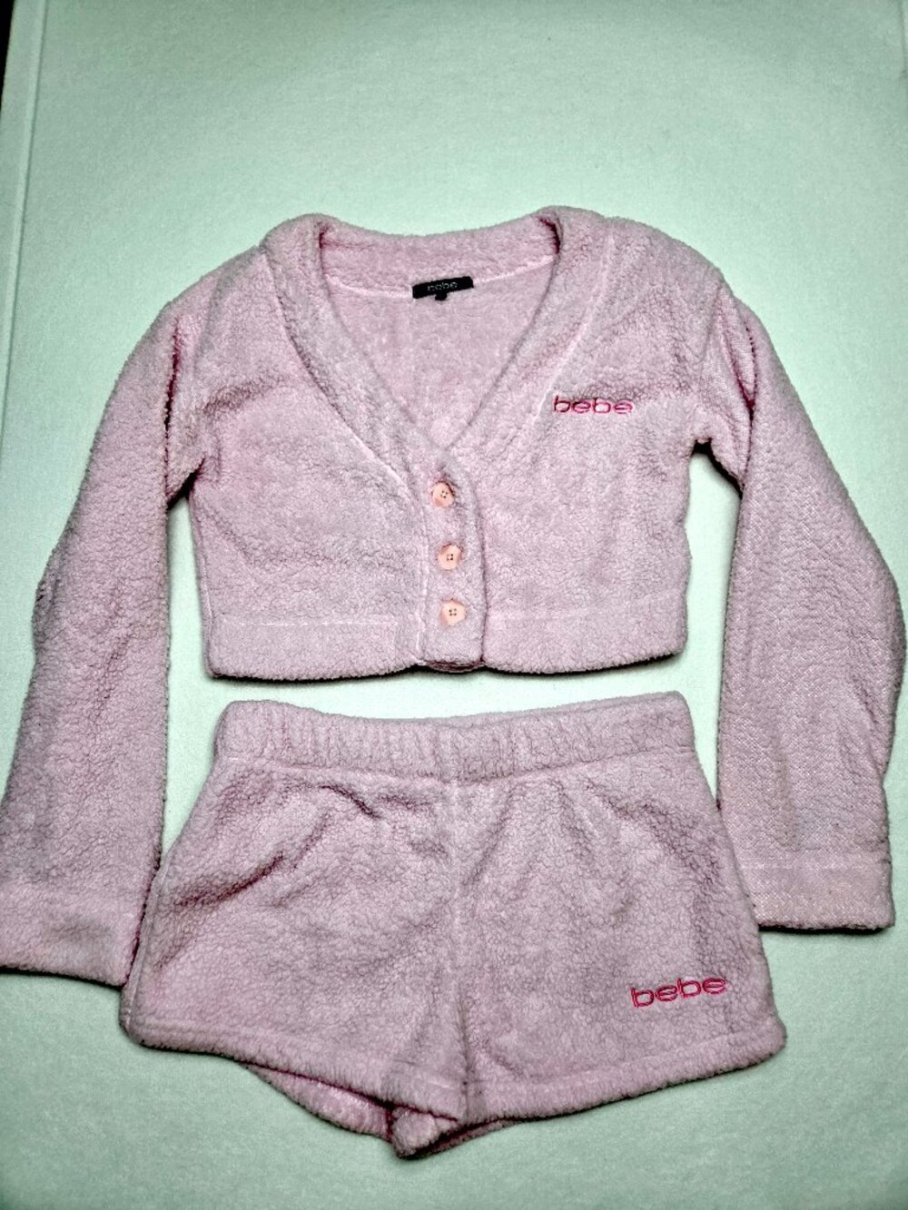 Bebe Plush Pink Fuzzy Fleece Lounge Set Cardigan Shorts Top Size Medium